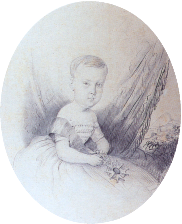 A half-length portrait sketch showing the Prince Imperial as a child in a gown with sash and holding the medal of the Order of the Southern Cross