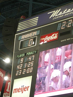 The Joe Louis Arena scoreboard showing multiple penalties for the Anaheim Ducks during a Ducks/Red Wings game.