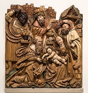 Polychromes Holzrelief, um 1520: Anbetung der Könige