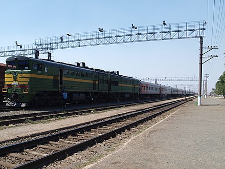 Train from Moscow to Bishkek at Aktau station in north-western Kazakhstan