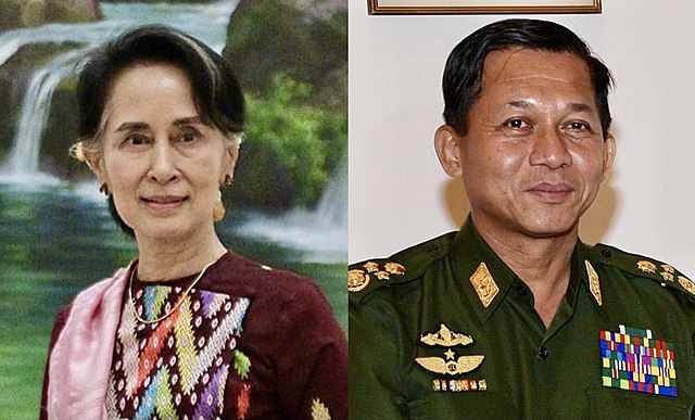 Deposed State Counsellor of Myanmar Aung San Suu Kyi (left) and Senior General Min Aung Hlaing (right)