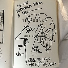 Personalized inscription of Timequake from Kurt Vonnegut to Lee Stringer around the time of their collaboration. Autographed Copy of Timequake from Vonnegut to Stringer.jpg