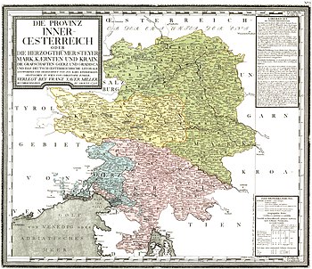 Belső-Ausztria tartományai: Stájerország, Karintia és Krajna hercegségek, Görz és Gradisca grófságok, valamint az Osztrák Tengermellék. (Franz Xaver Miller 1809-ben Bécsben kiadott térképe)