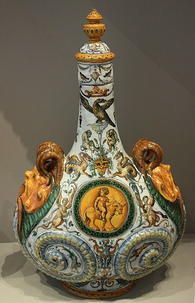 Pilgrim bottle, by the Fontana workshop from Urbino, Italy, c. 1560–1570, tin glazed earthenware (majolica), Victoria and Albert Museum, London
