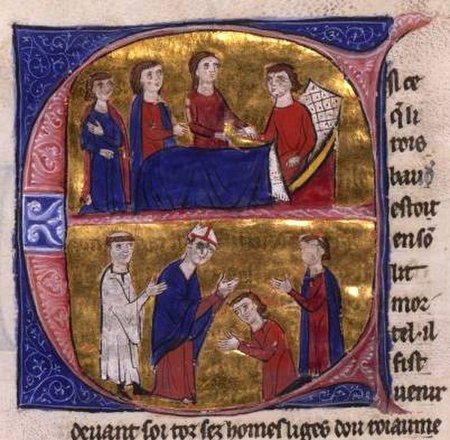 Baldwin IV on his sickbed and Baldwin V crowned, as depicted in William of Tyre's manuscripts