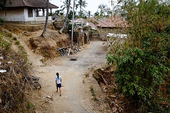 A young Balinese school girl walks home in a remote poor village in East Bali