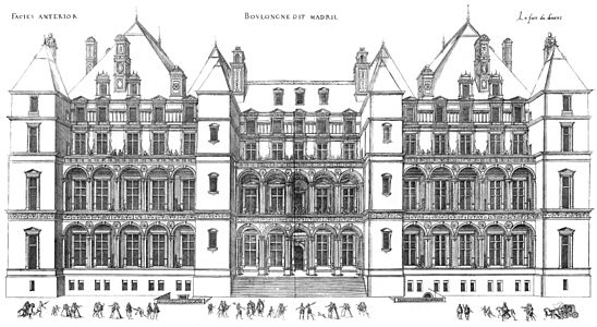 Pročelje Château de Madrid, začeto 1527, dokončano 1552, porušeno 1792