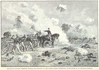 Lieutenant Bayard Wilkeson leading Battery G at Gettysburg Battery G, 4th US at Gettysburg.jpg
