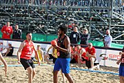 Deutsch: Beachhandball Europameisterschaften 2019 (Beach handball Euro); Tag 1: 2. Juli 2019 – Männer, Vorrunde Gruppe D, Frankreich-Montenegro 2:0 (19:7, 18:9) English: Beach handball Euro; Day 1: 2 July 2019 – Men Preliminary Round Group D – France-Montenegro 2:0 (19:7, 18:9)