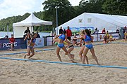 Deutsch: Beachhandball Europameisterschaften 2019 (Beach handball Euro); Tag 2: 3. Juli 2019 – Frauen, Vorrunde Gruppe D, Dänemark-Russland 2:0 (21:16, 18:12) English: Beach handball Euro; Day 2: 3 July 2019 – Women Preliminary Round Group D – Denmark-Russia 2:0 (21:16, 18:12)