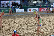 Deutsch: Beachhandball Europameisterschaften 2019 (Beach handball Euro); Tag 4: 5. Juli 2019 – Frauen, Viertelfinale, Kroatien-Ukraine 2:0 (21:20, 21:18) English: Beach handball Euro; Day 4: 5 July 2019 – Quarter Final Women – Croatia-Ukraine 2:0 (21:20, 21:18)