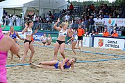 Deutsch: Beachhandball Europameisterschaften 2019 (Beach handball Euro); Tag 5: 6. Juli 2019 – Frauen, Halbfinale, Ungarn-Niederlande 2:0 (19:16, 15:12) English: Beach handball Euro; Day 5: 6 July 2019 – Semifinal Women – Hungary-Netherlands 2:0 (19:16, 15:12)