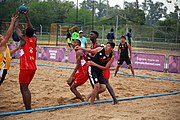 Deutsch: Beachhandball bei den Olympischen Jugendspielen 2018; Tag 6, 11. Oktober 2018; Jungen, Platzierungssspiel Ränge 11-12 – Paraguay-Mauritius 2:0 English: Beach handball at the 2018 Summer Youth Olympics at 11 October 2018 – Boys Placement Match 11-12 – Paraguay-Mauritius 2:0