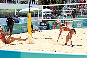 Deutsch: Beachvolleyball bei den Olympischen Jugendspielen 2018; Tag 9, 15. Oktober 2018; Mädchen, Viertelfinale: USA-Spanien 2–1 (21–19/17–21/15–9) English: Beach volleyball at the 2018 Summer Youth Olympics at 15 October 2018 – Girls Quarterfinals: USA-Spain 2–1 (21–19/17–21/15–9)