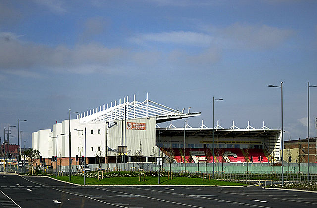 Bloomfield Road, Blackpool's home since 1899, during its reconstruction phase in the early part of the 21st century. This view is looking north