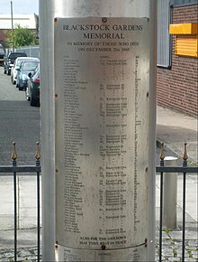 Plaque on memorial to those killed on 21 December at Blackstock Gardens, Liverpool Blackstock Gardens Memorial September 16 2010 (1).jpg