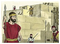 Militarizing the wall building. Illustration of Book of Nehemiah Chapter 4. Biblical illustrations by Jim Padgett Book of Nehemiah Chapter 4-2 (Bible Illustrations by Sweet Media).jpg