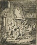 The peasant settling his debts label QS:Len,"The peasant settling his debts" label QS:Lpl,"Chłop płacący należność" label QS:Lnl,"De boer, zijn gelag betalende" 1648-1653. etching print. 11.1 × 9.2 cm (4.3 × 3.6 in). New York City, Brooklyn Museum.