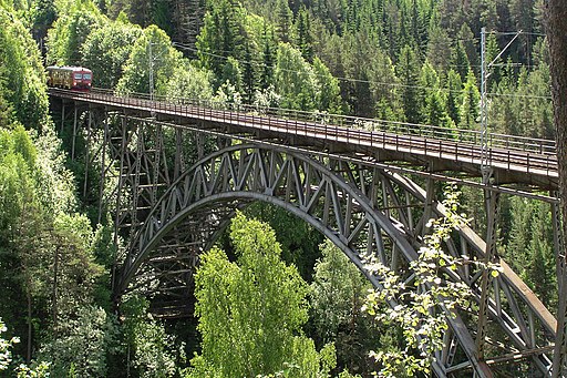 Rjukanfossen: Eisenbahnbrücke über den Fluss Hjuksa (UNESCO-Weltkulturerbe in Norwegen). Bru over Hjuksa