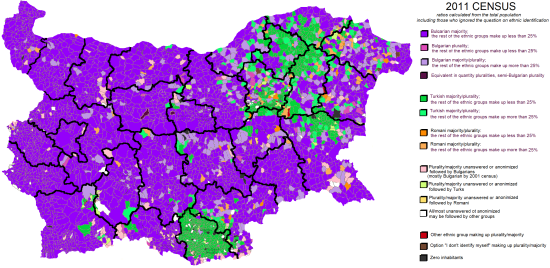 Ethnic structure of the entire population (7,364,570) by most detailed cadastral division according to the 2011 census Bulgaria ethnic map.svg