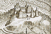 Le château de Fribourg sur une gravure du XVIIe siècle.