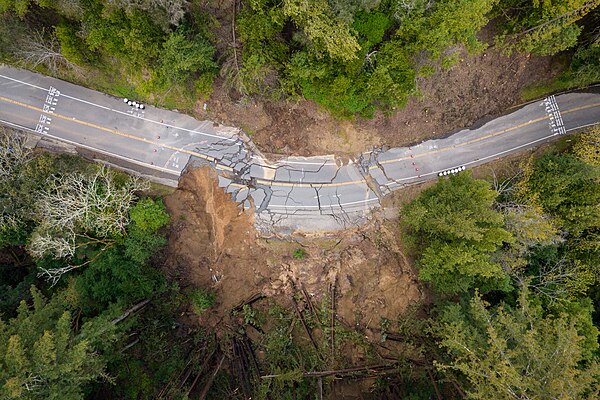 Aerial view of SR 84 near Woodside that was damaged during the 2022–2023 California floods.