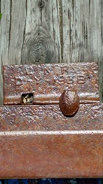 Preserved tie plate from the Canadian National Railway, 1938. Alliston, Ontario