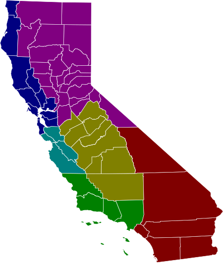 Map of the districts of the California Courts of Appeal.
.mw-parser-output .legend{page-break-inside:avoid;break-inside:avoid-column}.mw-parser-output .legend-color{display:inline-block;min-width:1.25em;height:1.25em;line-height:1.25;margin:1px 0;text-align:center;border:1px solid black;background-color:transparent;color:black}.mw-parser-output .legend-text{}
First District (First District Appellate Project)
Second District (California Appellate Project)
Third District (Central California Appellate Program)
Fourth District (Appellate Defenders Inc.)
Fifth District (Central California Appellate Program)
Sixth District (Sixth District Appellate Program) California Courts of Appeal district map.svg