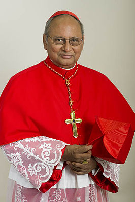 Cardinal Malcolm Ranjith of Colombo wearing a cardinal's scarlet mozzetta