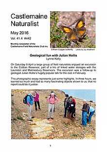 A page of a newsletter featuring text, a picture of a butterfly and a picture of people standing around looking at rocks.