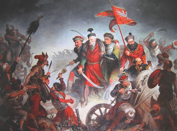 Death of Stanisław Żółkiewski with his confessor, Father Szymon Wybierski, Battle of Cecora (1620), painting by Walery Eljasz Radzikowski