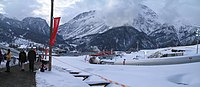 Picture of turns 15 through 19 (right to left) of Cesana Pariol during the 2006 Winter Olympics. Bobsleigh, luge, and skeleton events took place at this venue. Cesana Torinese-Bobsleigh.jpg