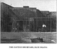 Three workers posing outside one of the sheds of the Clifton Brickyard in 1901