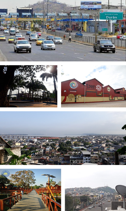 From top, left to right: Nicolas Lapentti Avenue, Abel Gilbert Boardwalk, Duran railway station, panoramic view of Duran, Santay Island and Samuel Cisneros Avenue.