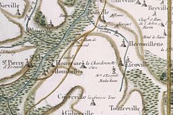 Les deux Hérouville Saint-Clair-d'(H)érouville et Saint-Pierre-d'(H)érouville sur la carte de Cassini (milieu du XVIIIe).