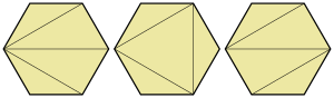 Three possible triangulations of the same polygon. The central triangulation has less weight (sum of perimeters). Convex Polygon triangulations.svg