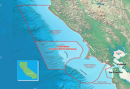 Area map of the sanctuary. The coast of California is to the upper right, and the administrative centre, located on the granite outcropping, adjacent to it. The actual sanctuary is further left, and colored darker blue.