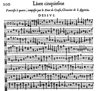 Beginning of the Fantaisie en faveur de la quarte by Antoine de Cousu, in Marin Mersenne, Harmonie universelle (Paris, 1636). Cousu Fantaisie.jpg