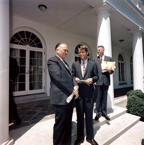 FBI Director J. Edgar Hoover (left), Robert Kennedy (center) and Solicitor General Archibald Cox (right) at the White House on May 7, 1963