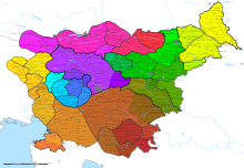 A schematic map of Slovene dialects, based on the map by Tine Logar, Jakob Rigler and other sources Dialects.svg