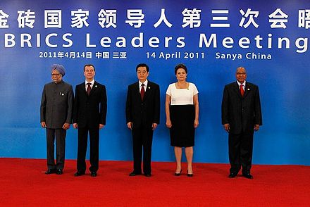 Prime Minister Manmohan Singh with Dmitry Medvedev, Hu Jintao, Dilma Rousseff and Jacob Zuma at the 2011 BRICS summit in Sanya, China.