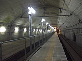 新清水トンネル内にある土合駅下りホーム もともとは待避線があり通過待ちができる構造だったが、現在は1面1線となっている（2009年5月）