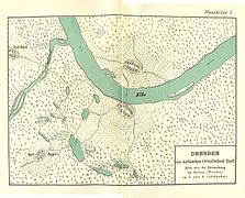 Barevná reprodukce historické mapy zachycující počáteční obydlení kolem ramene řeky Labe