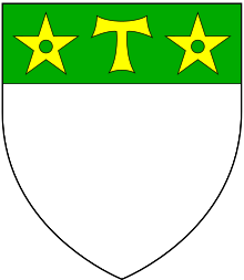 Arms of Drury: Argent, on a chief vert a cross tau between two mullets pierced or, as seen on the chest tomb of Sir Robert Drury DruryArms.svg