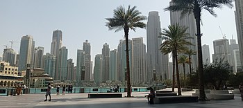 Dubai fountain pond and Emaar towers view from Dubai Mall.jpg