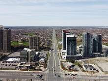 Aerial view along Eglinton Ave. looking west from Hurontario St. Eglinton Avenue at Hurontario St 2022.jpg