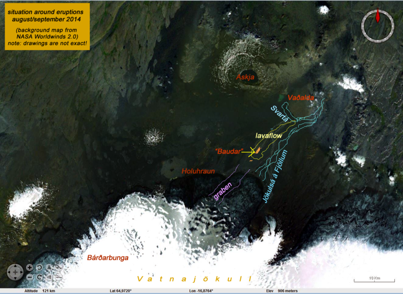 Schets van het Holuhraun lavaveld en de Bárđarbunga vulkaan(gebaseerd op NASA Worldwinds 2.0 plaatje, d.d. 20 september 2014)