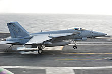 VFA-86 F/A-18E lands aboard USS Ronald Reagan in 2013 F-18E of VFA-86 landing on USS Ronald Reagan (CVN-76) 2013.JPG