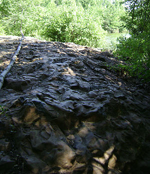 Ancient basalt lava along the shore of Haledon Reservoir FLNP Ancient Lava.jpg