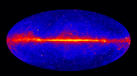 Gamma-ray radiation (greater than 1 Gev) detected over the entire sky; brighter areas are more radiation (five year study by the Fermi Gamma-ray Space Telescope: 2009-2013) Fermi 5 year 11000x6189.png